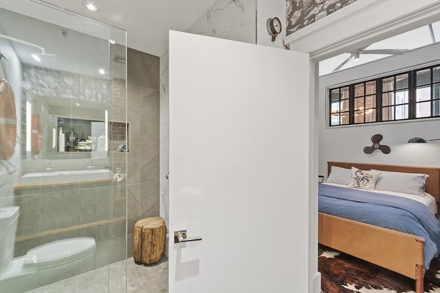 172-178 Green St Unit 1, Boston, MA 02130 - full bathroom featuring ensuite bathroom, ceiling fan, walk in shower, and tile patterned floors
