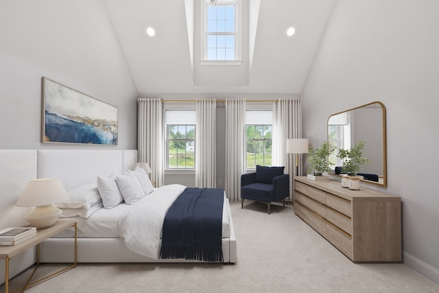 bedroom featuring light carpet and high vaulted ceiling