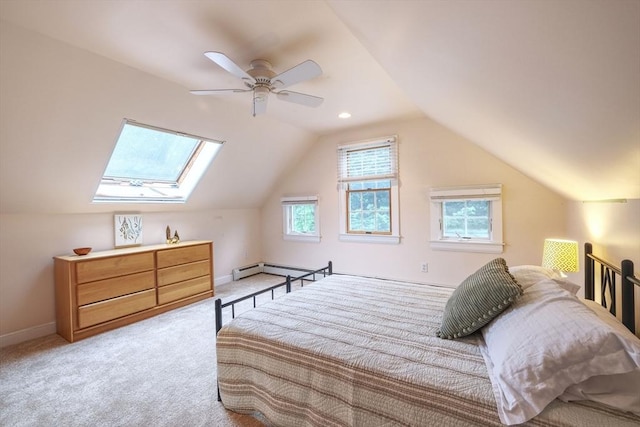 250 S Eastham St, Eastham, MA 02642 - bedroom featuring carpet flooring, vaulted ceiling, a skylight, baseboards, and ceiling fan