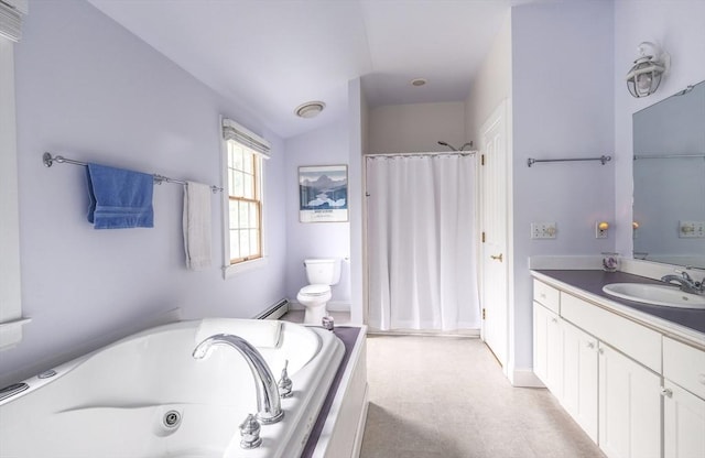 250 S Eastham St, Eastham, MA 02642 - full bath featuring a baseboard heating unit, vanity, toilet, a whirlpool tub, and a shower with shower curtain