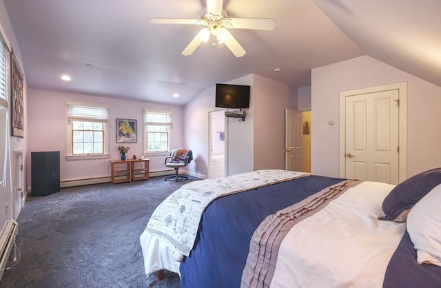 250 S Eastham St, Eastham, MA 02642 - bedroom with dark colored carpet, baseboard heating, lofted ceiling, recessed lighting, and a ceiling fan