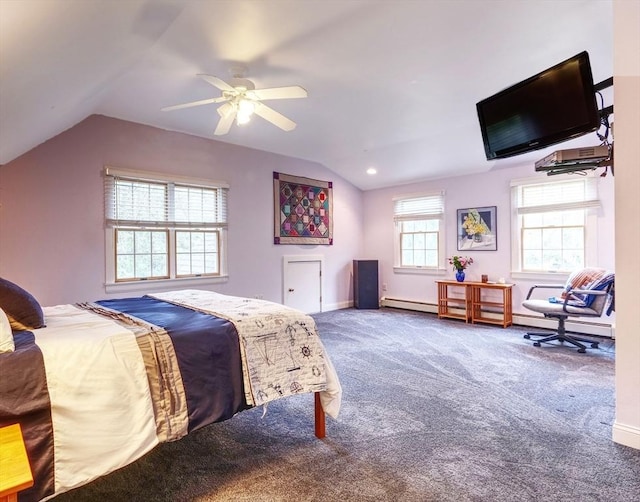 250 S Eastham St, Eastham, MA 02642 - carpeted bedroom with vaulted ceiling, baseboards, ceiling fan, and baseboard heating