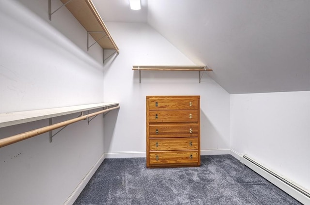 250 S Eastham St, Eastham, MA 02642 - spacious closet with baseboard heating, vaulted ceiling, and dark colored carpet