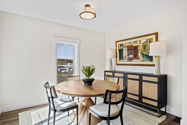 dining space with wood-type flooring