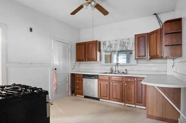 kitchen featuring gas stove, light carpet, ceiling fan, dishwasher, and sink