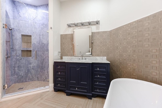 515 Centre St Unit 2, Newton, MA 02458 - full bathroom with a freestanding tub, a stall shower, and vanity