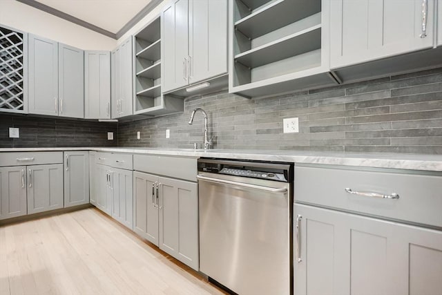 515 Centre St Unit 2, Newton, MA 02458 - kitchen featuring open shelves, stainless steel dishwasher, gray cabinets, ornamental molding, and light wood-style flooring