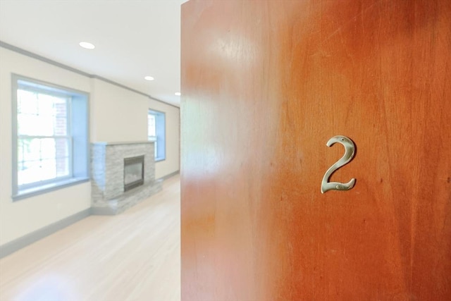 515 Centre St Unit 2, Newton, MA 02458 - detailed view of a glass covered fireplace, wood finished floors, and recessed lighting