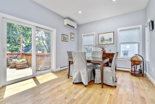 dining area with a wall mounted AC, baseboard heating, healthy amount of natural light, and recessed lighting