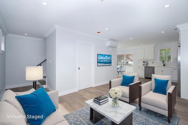 161 Sumner St Unit 1, Quincy, MA 02169 - living area with a wall mounted air conditioner, recessed lighting, ornamental molding, wood finished floors, and baseboards