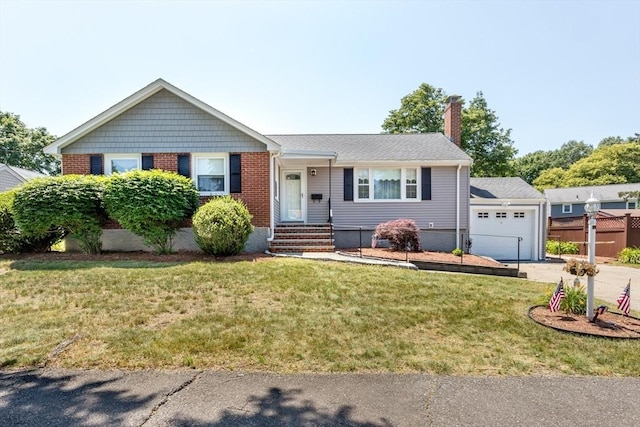 69 Gerald Rd, Milton, MA 02186 - single story home with a chimney, a front yard, a garage, concrete driveway, and brick siding