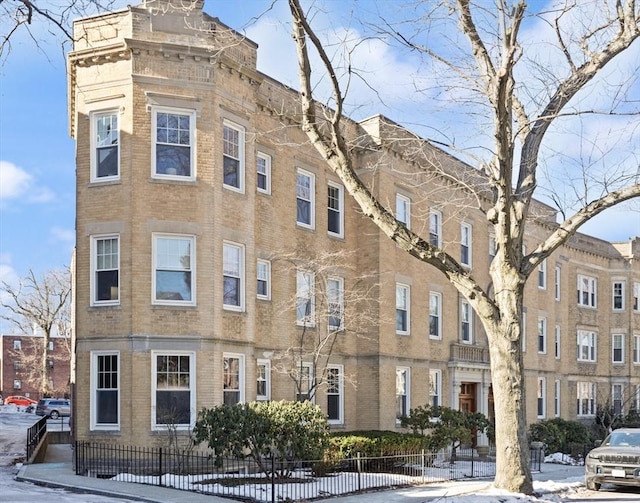 view of snow covered building