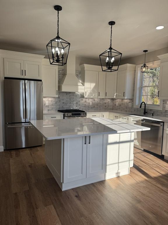 kitchen featuring stainless steel appliances, premium range hood, dark wood-type flooring, a kitchen island, and white cabinetry