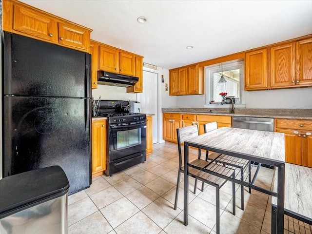 12 Allen St, Pembroke, MA 02359 - kitchen featuring black appliances, under cabinet range hood, brown cabinets, light tile patterned floors, and recessed lighting