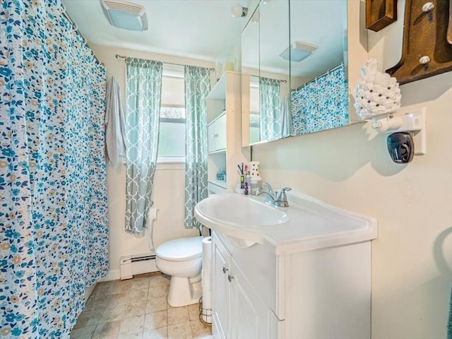 12 Allen St, Pembroke, MA 02359 - bathroom with a baseboard heating unit, vanity, and a shower with shower curtain