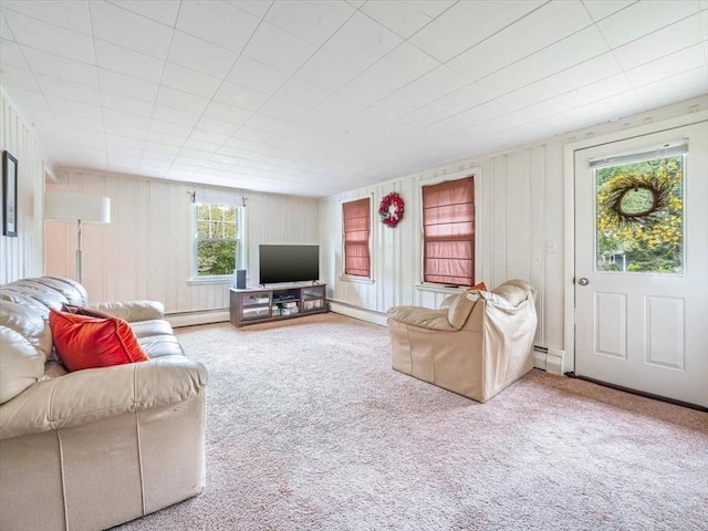 12 Allen St, Pembroke, MA 02359 - carpeted living room featuring baseboard heating, a baseboard heating unit, and wood walls