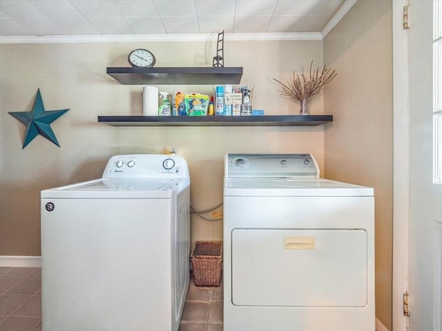 12 Allen St, Pembroke, MA 02359 - washroom with washer and clothes dryer, crown molding, and tile patterned floors