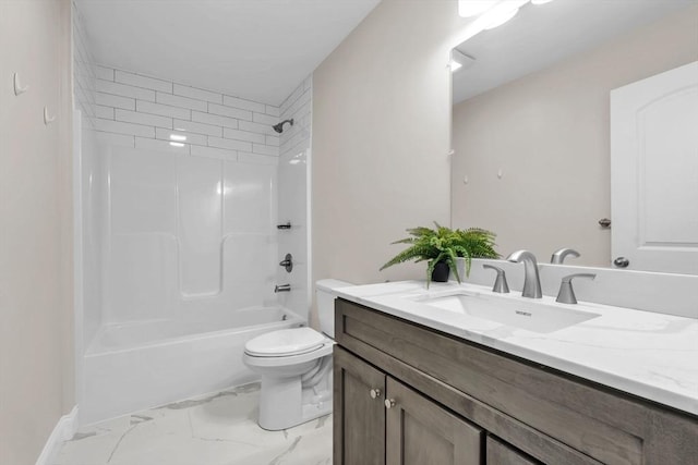 bathroom with toilet, marble finish floor, vanity, and bathing tub / shower combination