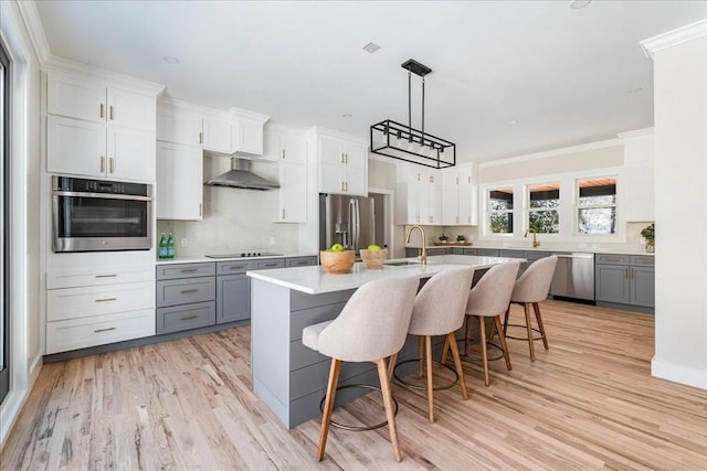 kitchen with a center island with sink, white cabinetry, gray cabinetry, stainless steel appliances, and wall chimney exhaust hood