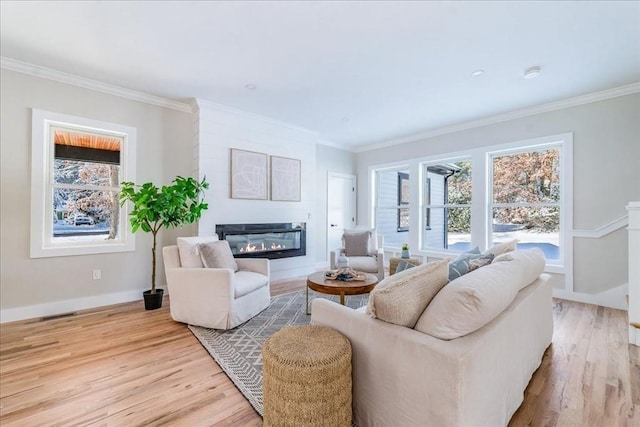 living room with light hardwood / wood-style floors and ornamental molding