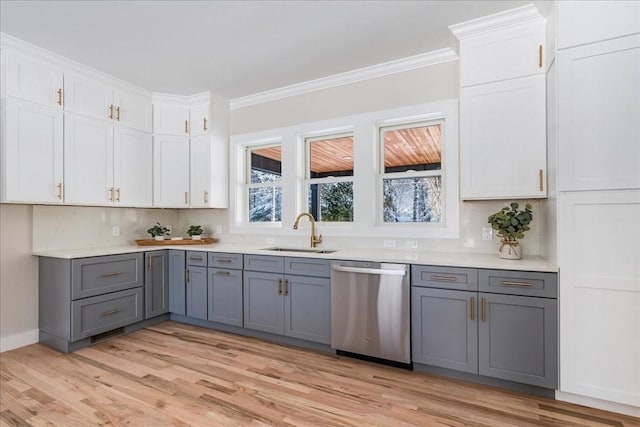 kitchen with sink, white cabinetry, dishwasher, and gray cabinetry