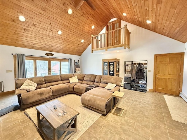 living room featuring recessed lighting, wood ceiling, light tile patterned floors, and high vaulted ceiling