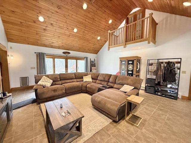 living area with light tile patterned flooring, baseboards, high vaulted ceiling, recessed lighting, and wood ceiling