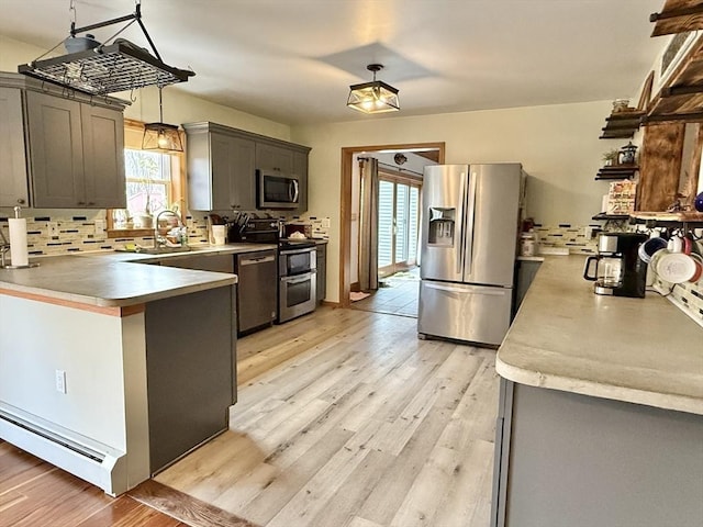 kitchen featuring appliances with stainless steel finishes, a sink, light countertops, a peninsula, and light wood-style flooring