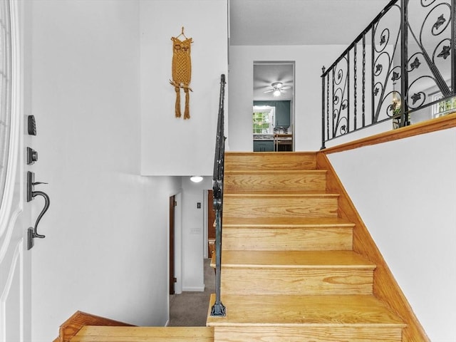 stairs with carpet floors, baseboards, and a ceiling fan