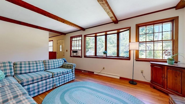 40 Revere St, Gloucester, MA 01930 - living area with a baseboard radiator, light wood-style flooring, beam ceiling, and cooling unit