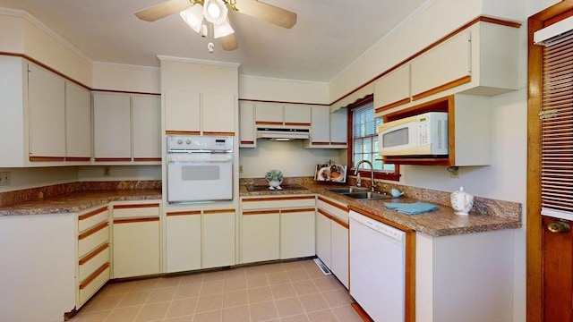 40 Revere St, Gloucester, MA 01930 - kitchen with white appliances, under cabinet range hood, ornamental molding, ceiling fan, and dark countertops