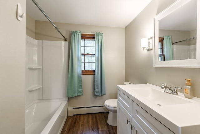 53 Greenleaf Dr, Hampden, MA 01036 - bathroom with baseboard heating, vanity, wood finished floors, toilet, and shower / bathtub combination with curtain