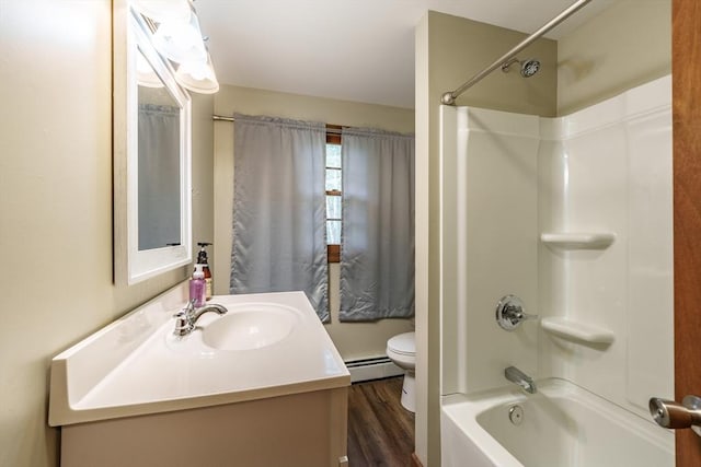 53 Greenleaf Dr, Hampden, MA 01036 - full bathroom featuring toilet, vanity, baseboard heating,  shower combination, and wood finished floors