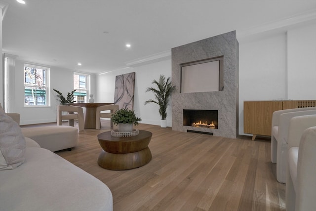 living room with a large fireplace, wood-type flooring, and crown molding