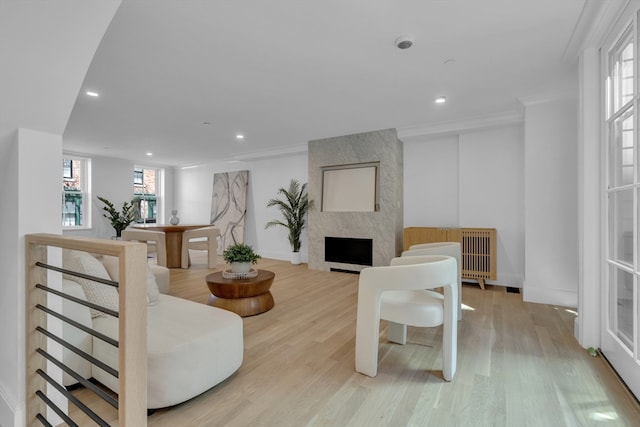 living room with crown molding, radiator, light hardwood / wood-style floors, and a large fireplace