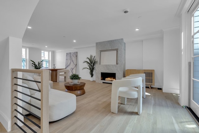 living room featuring a large fireplace, light hardwood / wood-style floors, ornamental molding, and radiator