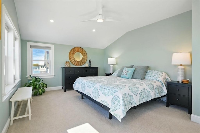 119 Fort Point Rd, Weymouth, MA 02191 - bedroom featuring baseboards, light colored carpet, lofted ceiling, ceiling fan, and recessed lighting