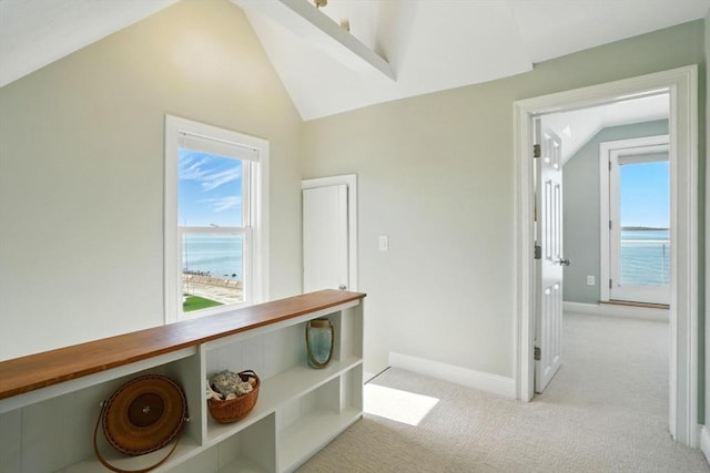 119 Fort Point Rd, Weymouth, MA 02191 - corridor with lofted ceiling, light colored carpet, baseboards, and a water view