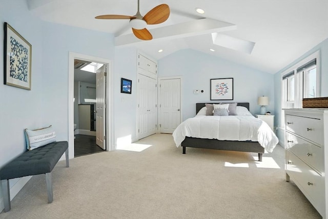 119 Fort Point Rd, Weymouth, MA 02191 - bedroom with light colored carpet, vaulted ceiling, recessed lighting, ceiling fan, and connected bathroom