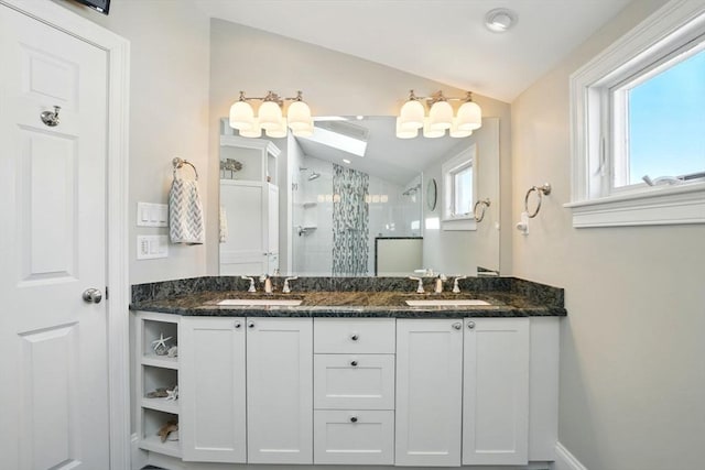 119 Fort Point Rd, Weymouth, MA 02191 - full bath featuring vaulted ceiling, a tile shower, and double vanity