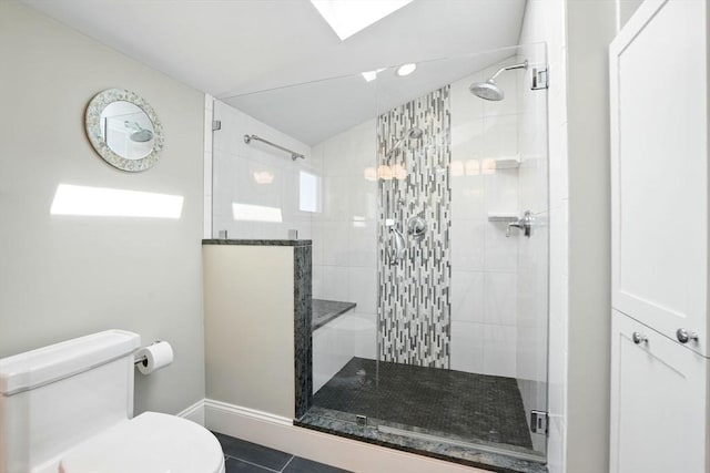 119 Fort Point Rd, Weymouth, MA 02191 - bathroom featuring a stall shower, toilet, tile patterned flooring, and baseboards