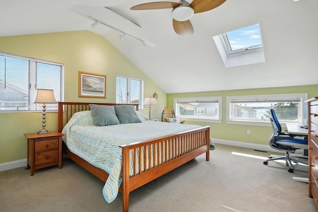 119 Fort Point Rd, Weymouth, MA 02191 - bedroom featuring rail lighting, vaulted ceiling, baseboards, a skylight, and carpet flooring