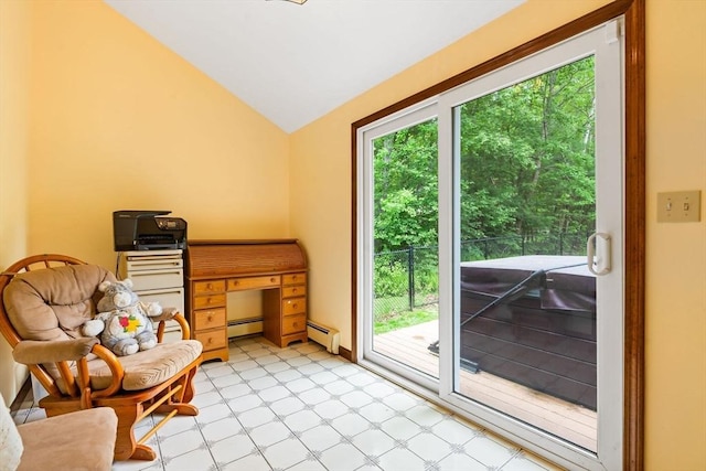906 Clark St, Gardner, MA 01440 - living area with a baseboard radiator, lofted ceiling, and plenty of natural light