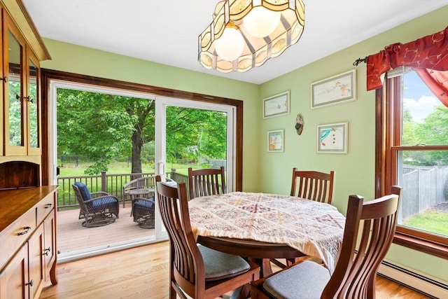 906 Clark St, Gardner, MA 01440 - dining room with a baseboard heating unit, light wood-style floors, and a chandelier