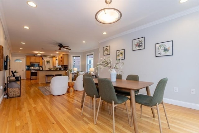 68 Line St Unit 2, Somerville, MA 02143 - dining area featuring crown molding, recessed lighting, light wood-style floors, and a ceiling fan