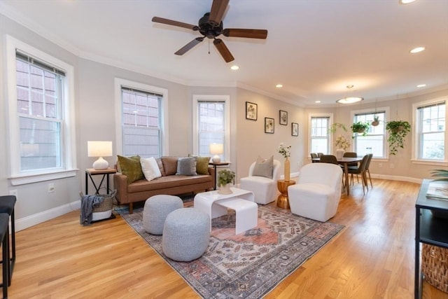 68 Line St Unit 2, Somerville, MA 02143 - living room with light wood-type flooring, ornamental molding, recessed lighting, and a ceiling fan
