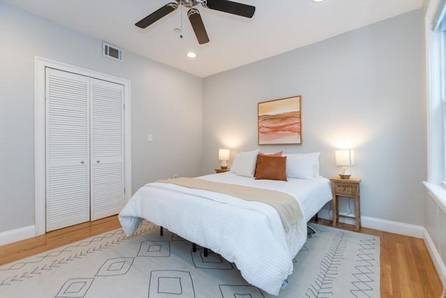 68 Line St Unit 2, Somerville, MA 02143 - bedroom featuring wood finished floors, a closet, a ceiling fan, and recessed lighting