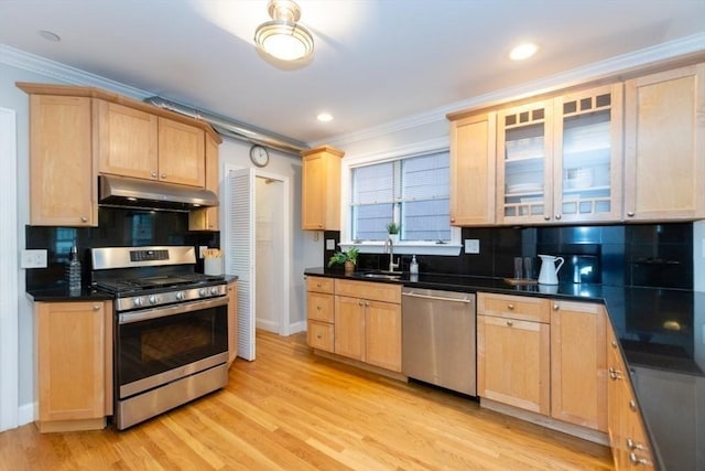 68 Line St Unit 2, Somerville, MA 02143 - kitchen with stainless steel appliances, under cabinet range hood, light brown cabinets, crown molding, and tasteful backsplash