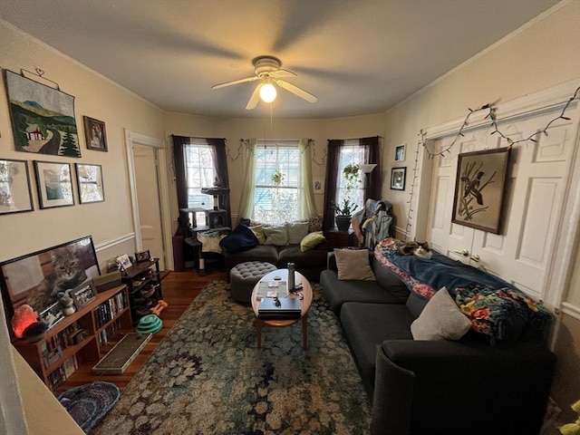 5-7 Prescott Pl, Boston, MA 02134 - living area with a ceiling fan, dark wood-type flooring, and crown molding