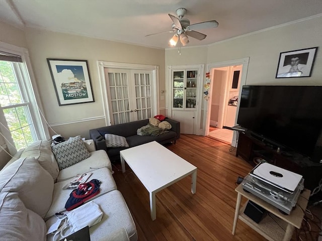 5-7 Prescott Pl, Boston, MA 02134 - living room featuring french doors, wood-type flooring, ceiling fan, ornamental molding, and plenty of natural light